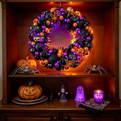 HipTree 17 Inch Halloween Ball Wreath for Front Door with Lights