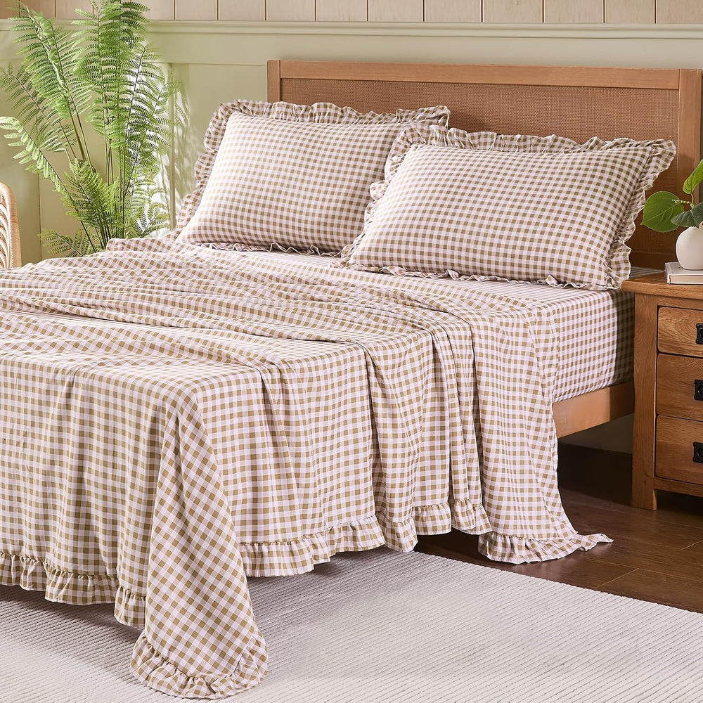 Gingham King Sheet Set, Lightweight Super Soft Brushed Microfiber Plaid Bed S...