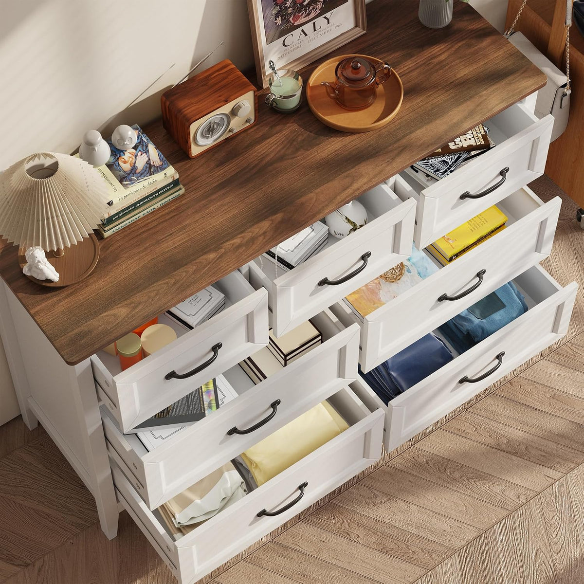 gizoon farmhouse 7 drawers dresser, white chest of on a desk or shelf