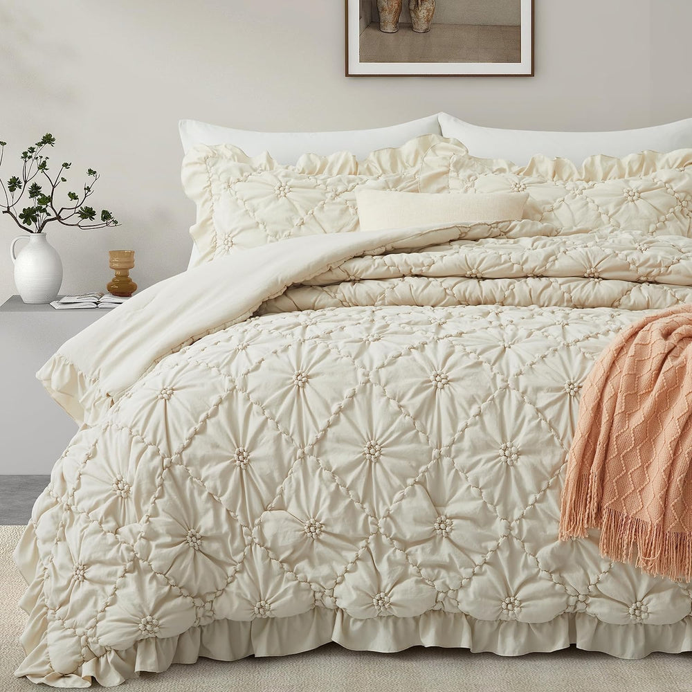 BEDAZZLED Queen Comforter Set, Beige Pinch Pleat Ruffle, 3 Pieces