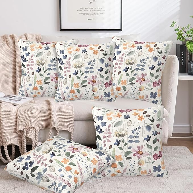 Throw Pillow Cover Case Watercolor Floral Pillow Covers 18x18 Inch Set of 2 - Image 6