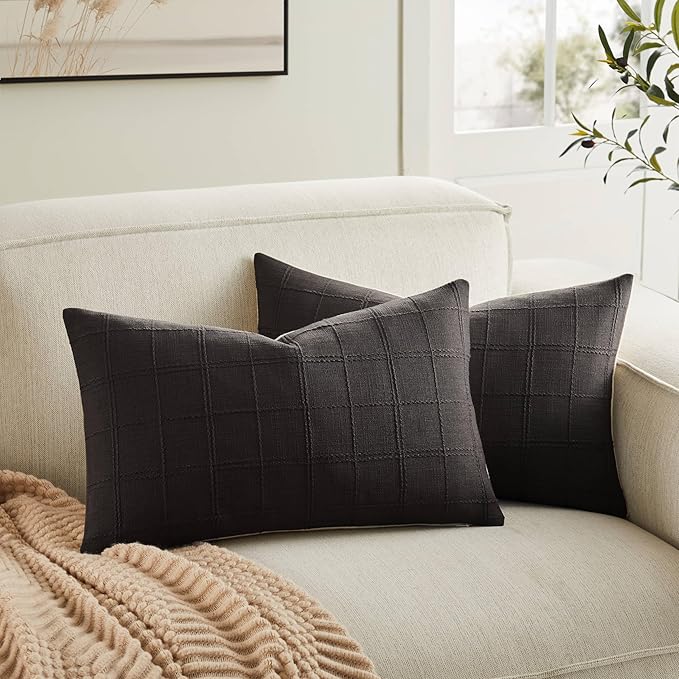 ZeeMart Linen Checked Lumbar Throw Pillow Covers Set of 2, 12x20 Inch by ZEEMARTONLINE