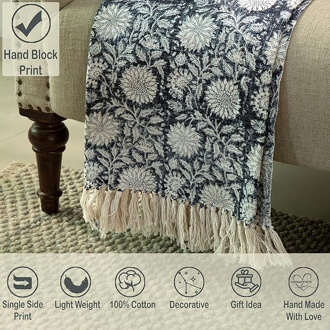 100% Pure Cotton Handblock Printed Throw Blanket, Soft 50" x 60" Fringed Floral - Image 2
