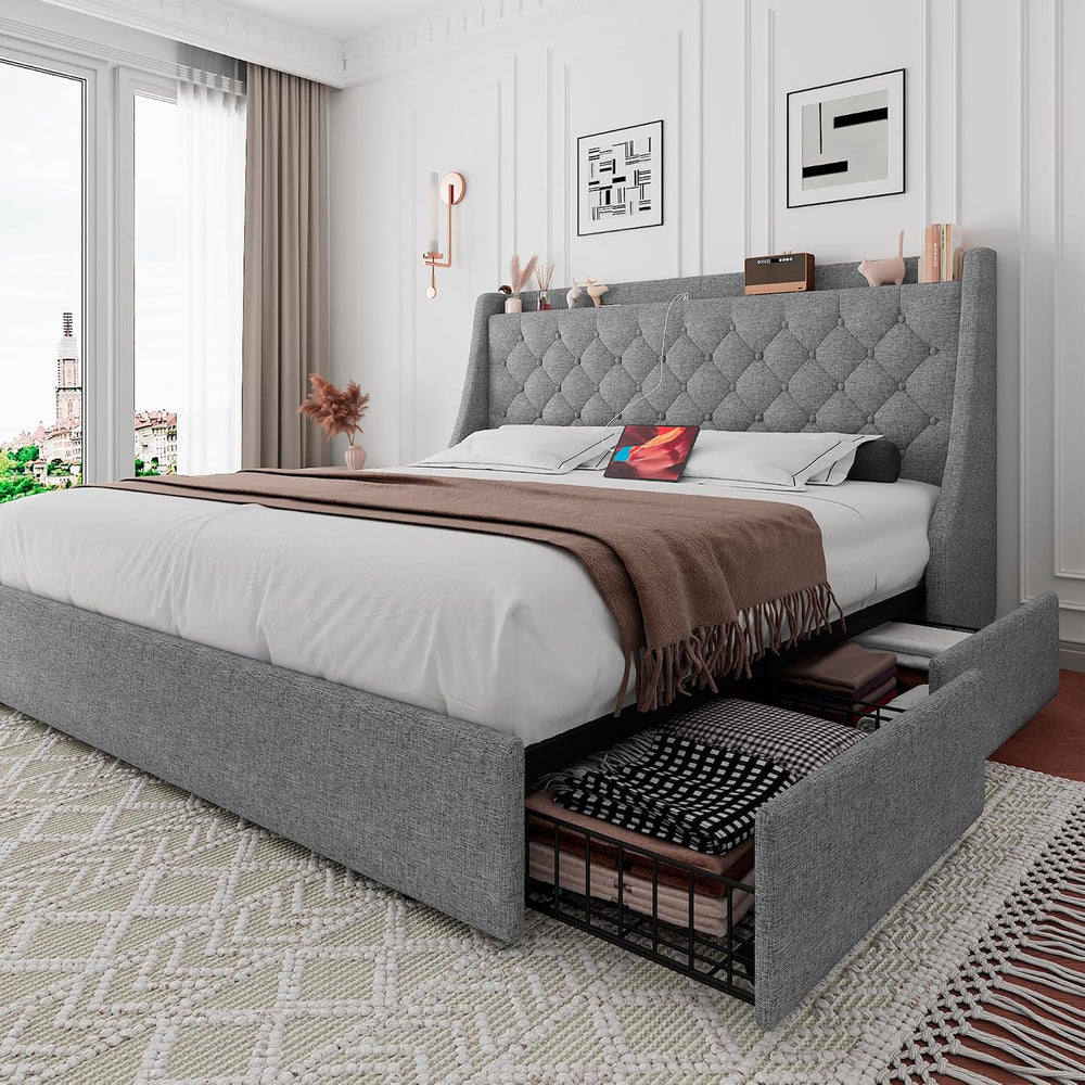 iPormis Full Size Bed Frame with 4 Storage Drawers, Upholstered Platform Bed ...