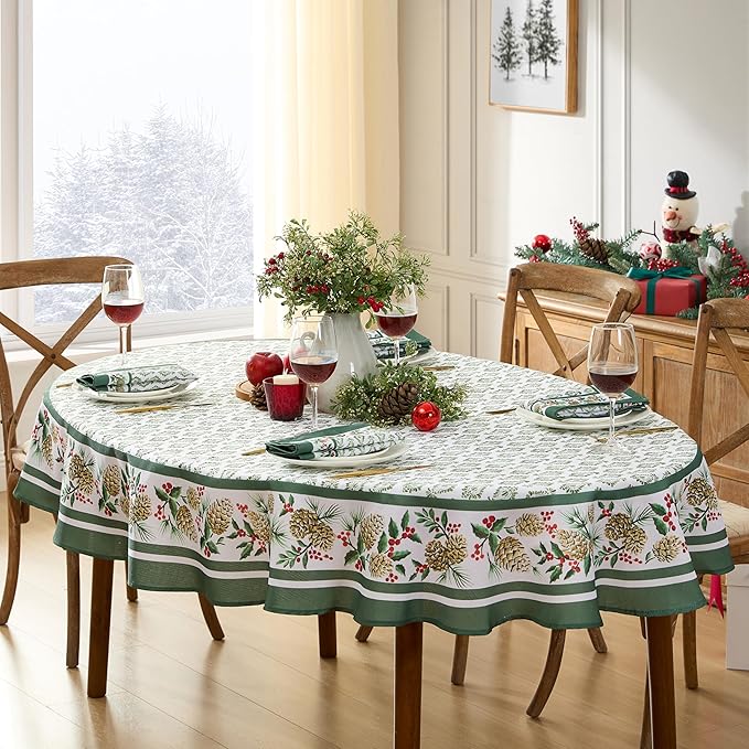 Newbridge Christmas Holly Pinecone Border 60 x 84 Inch Oval Fabric Tablecloth by HomeBargainsPlus