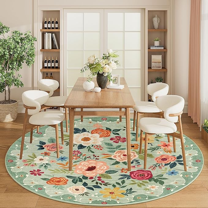 DUKINO Floral Round Rug, 6ft Washable Circle Rug, Non Slip Indoor Low Pile - Image 3