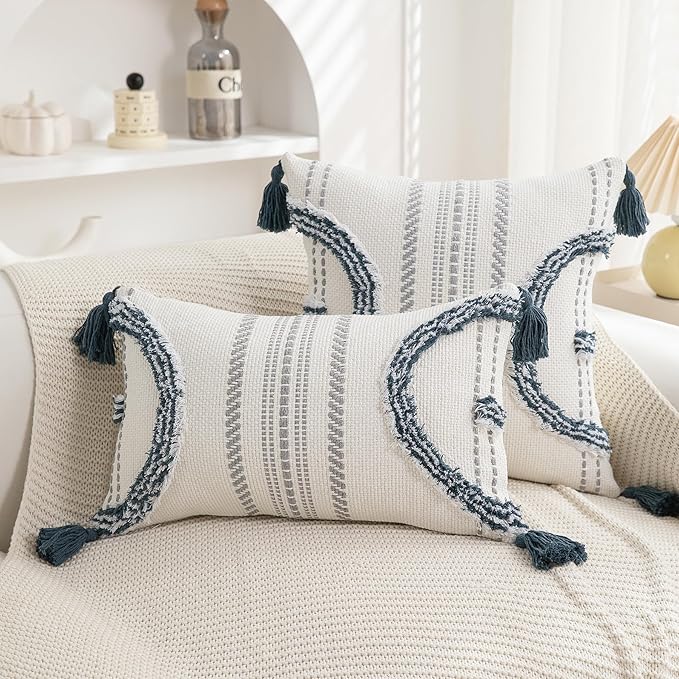 Boho Throw Pillow Covers 18x18 Set of 2 Cotton Woven Tufted Farmhouse Pillows - Image 7