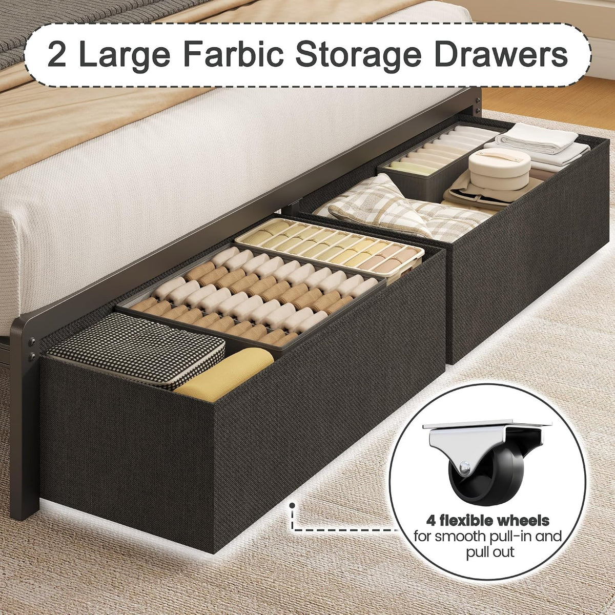 fluest twin bed frame with storage drawers, upholstered, side view