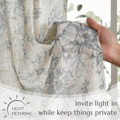 jinchan Linen Floral Tier Curtains 24 Inch Farmhouse Botanic Grey Cafe Curtains - Image 5