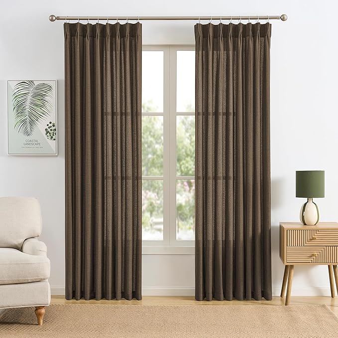 Brown Pleated Linen Curtains 100 Inches Long Farmhouse Semi Sheer Memory by RAIN+CITY