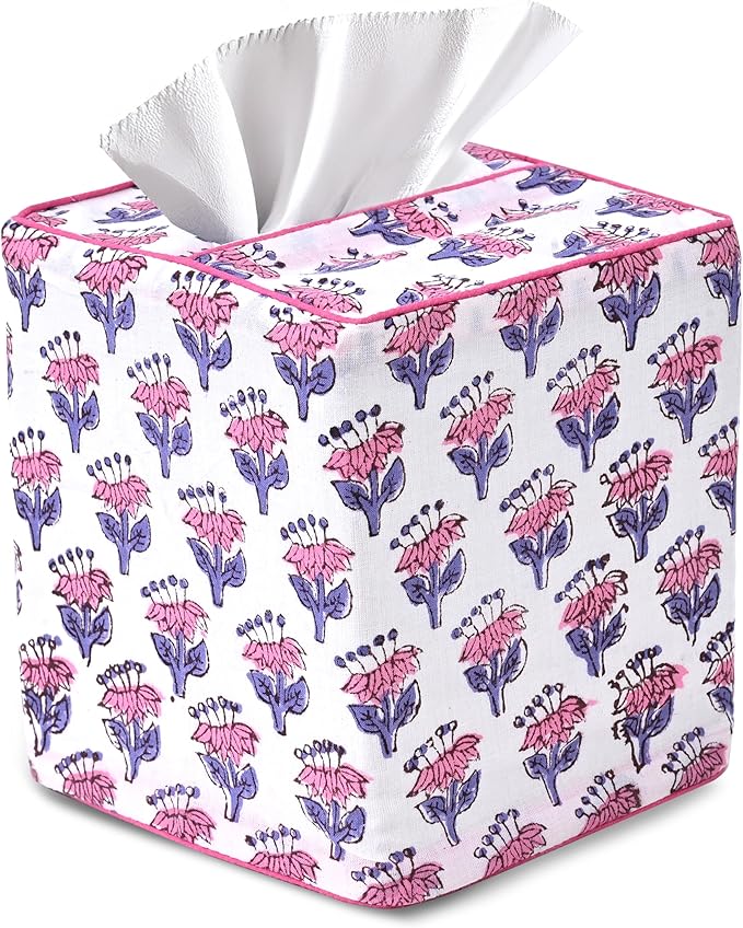 CPC Pink Sapphire Hand Block Printed Cotton Tissue Box Cover 5" x 5" x 5.5" by COTTONPRINTCLUB