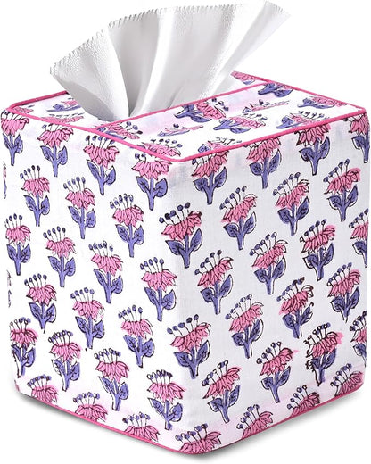 CPC Pink Sapphire Hand Block Printed Cotton Tissue Box Cover 5" x 5" x 5.5" by COTTONPRINTCLUB