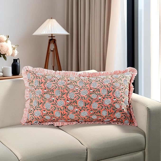 Ridhi Dark Salmon Pink 100% Cotton Block Print Ruffle Bed Sham Cover 20''×36'' - Image 5