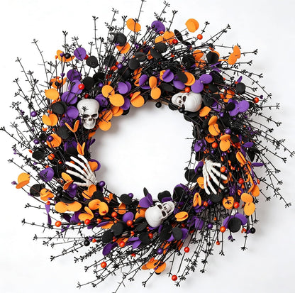 zjlmit Halloween Wreath 24 Inch Halloweeen Wreaths for Front Door Handmade Skull Wreaths with White Skeleton Hand Black Eucalyptus Leaves Orange Berries for Window Porch Indoor Party Holiday Wall Home