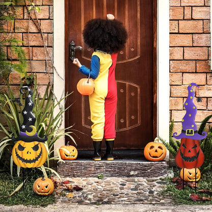 Halloween Garden Stakes - 2 Pack Stacked Metal Pumpkins with Witch Hat