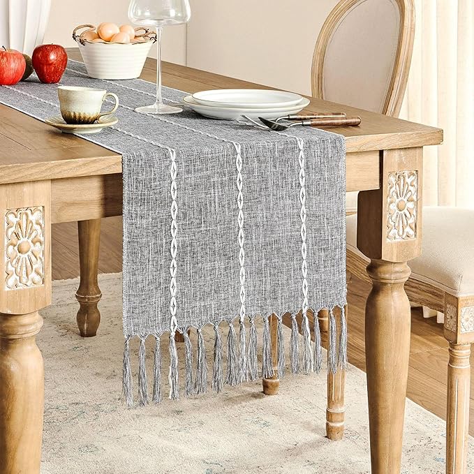 ZeeMart Farmhouse Braided Striped Table Runner, Rustic Grey Table Runners 60 - Image 2