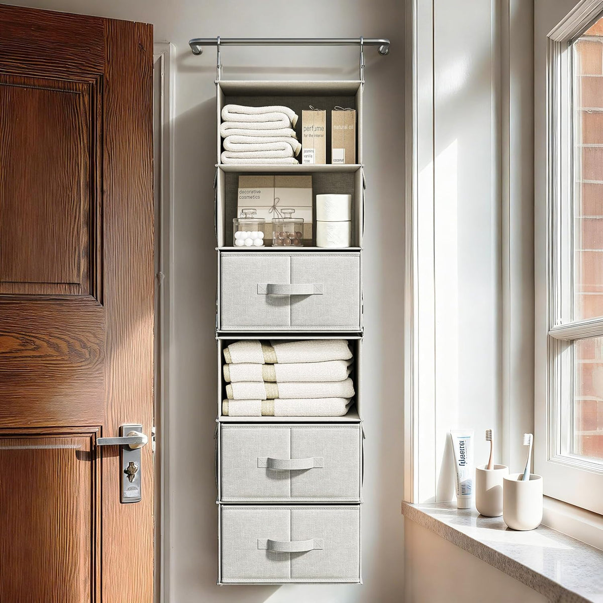 6-shelf hanging closet organizer with 3 drawers, separable, front angle view