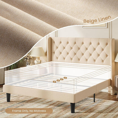 sha cerlin queen upholstered bed frame, button tufted on a desk or shelf