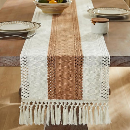 ZeeMart Macrame Style Bicolor Stitching Table Runner, 14 x 48 Inch Caramel/Ivory - Image 3