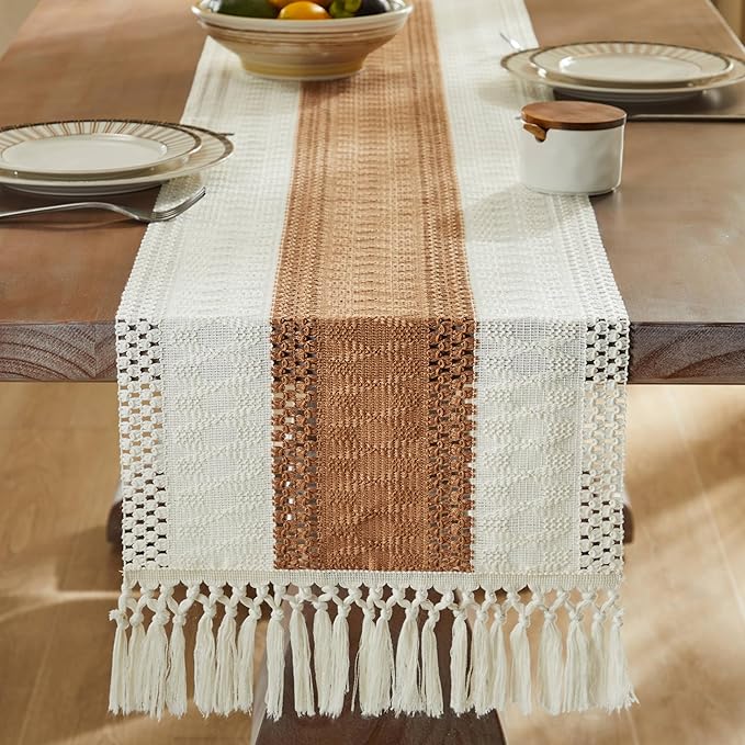 ZeeMart Macrame Style Bicolor Stitching Table Runner, 14 x 108 Inch - Image 3