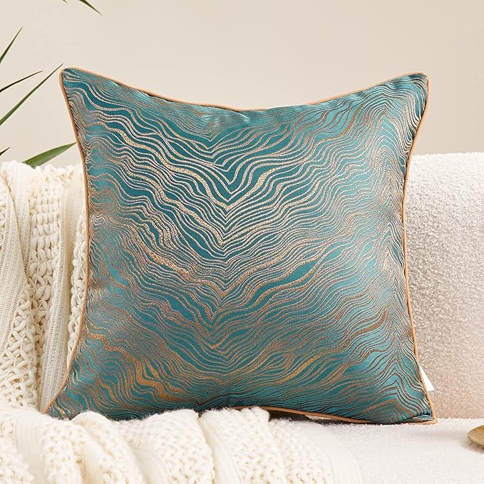 Avigers 20 x 20 Inch Square Green Teal Gold Abstract Striped Embroidery Cushion by Avigers