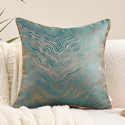 Avigers 18 x 18 Inch Square Green Teal Gold Abstract Striped Embroidery Cushion by Avigers