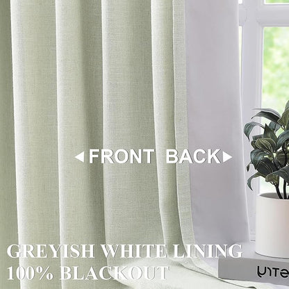 Vision Home Soft Green Pinch Pleated Full Blackout Curtains Linen Blended Room - Image 3