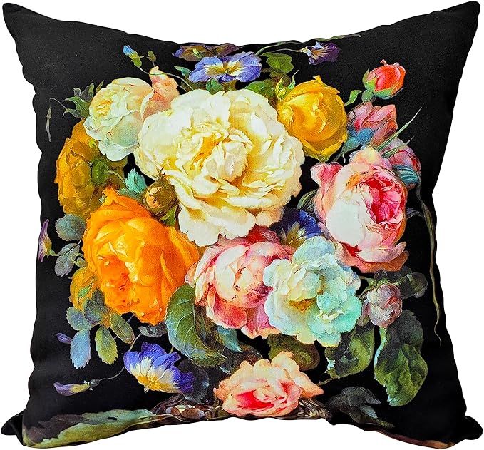 Vibrant Multicolor Roses & Violets on Black Throw Pillow Cover, 18x18 Inch by whooplaArt