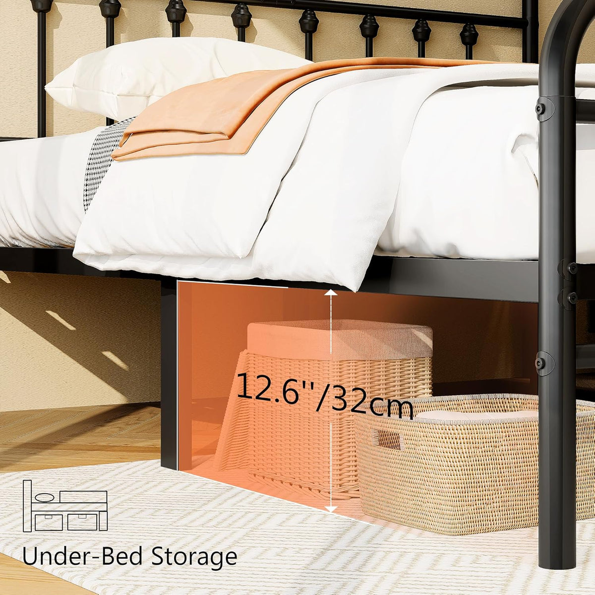 zunatu full size metal bed frame, victorian style, side view