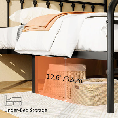 zunatu full size metal bed frame, victorian style, side view