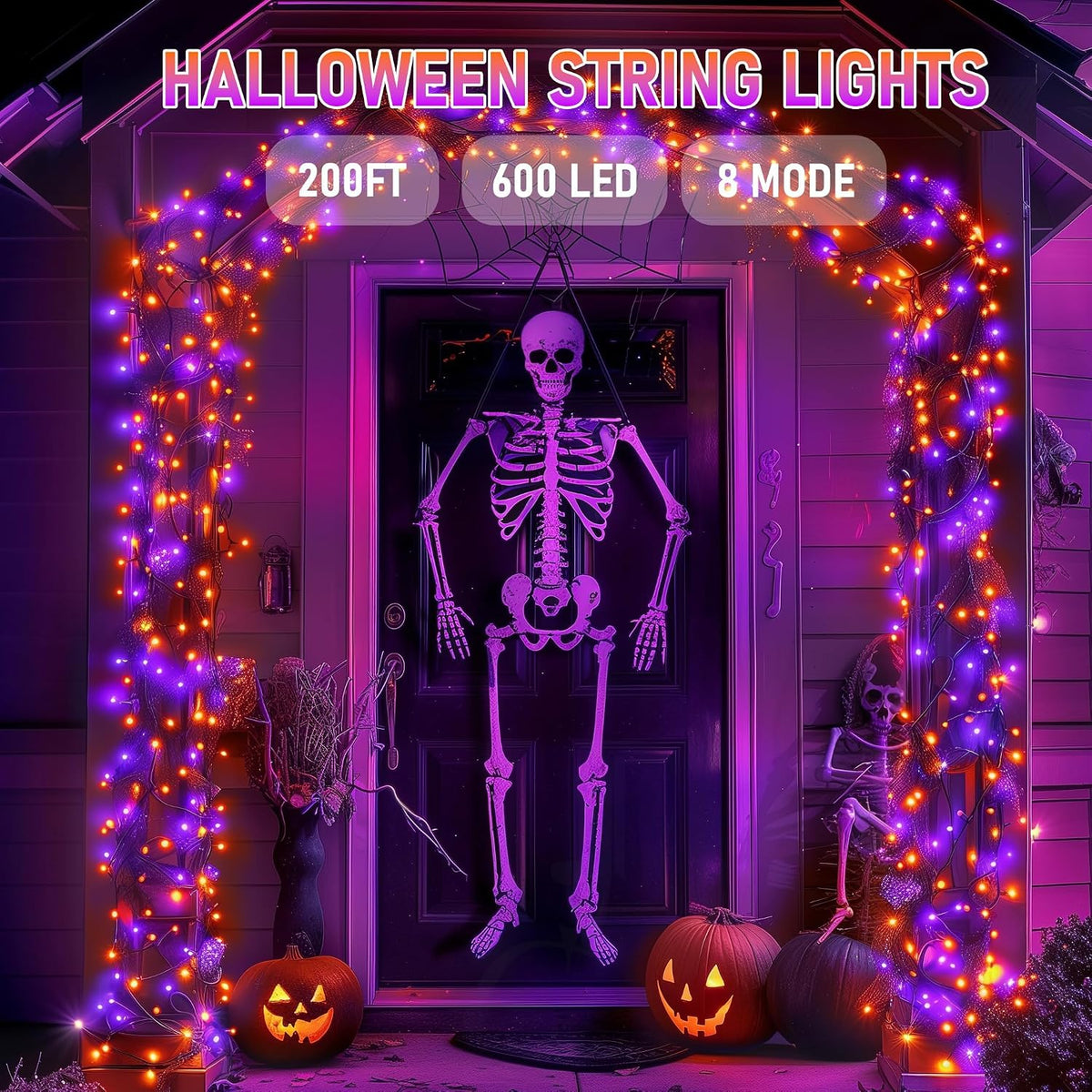 Dazzle Bright Halloween String Lights, 600 LED 196 FT Waterproof Black Wire String Lights with 8 Lighting Modes, Halloween Decorations Outdoor for Party Yard Garden Decor, Purple and Orange