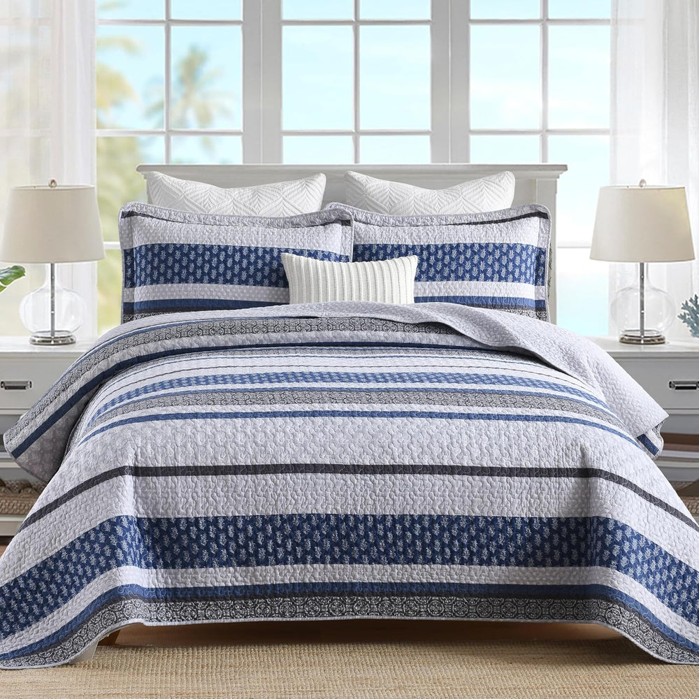 100% Cotton King Size Comforter Set Blue Grey Striped Quilt Set