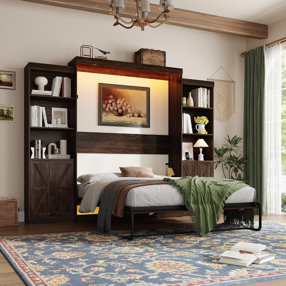 Hlivelood Queen Size Murphy Bed w/2 Storage Cabinet&2 LED Light, Farmhous...