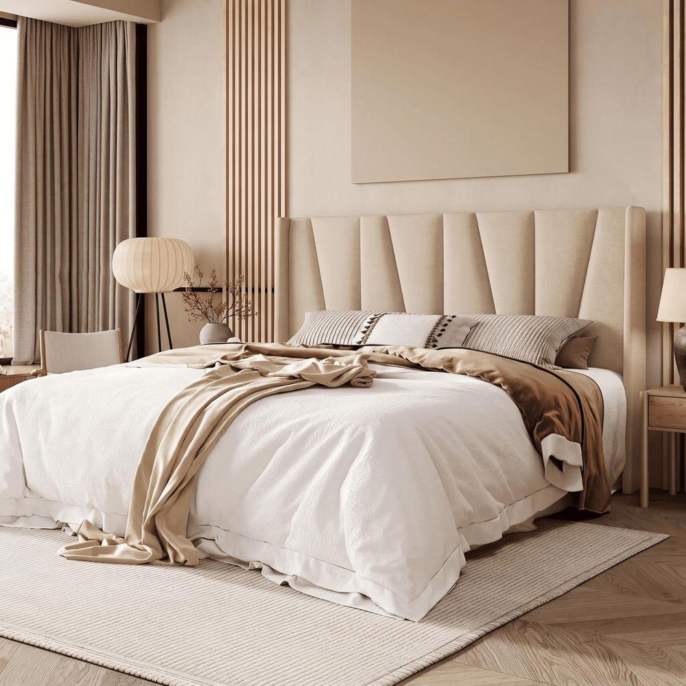 Allewie King Size Platform Linen Bed Frame with Headboard, Beige