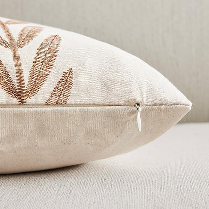 100% Cotton Farmhouse Leaves Throw Pillow Covers Set of 2, 18x18 Inch Caramel - Image 3