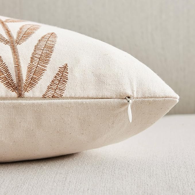 100% Cotton Farmhouse Leaves Throw Pillow Covers Set of 2, 20x20 Inch Caramel - Image 3
