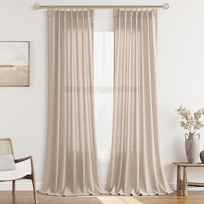 Light Tan Pinch Pleat Linen Curtains 96 Inch Length 2 Panels Set by Aersas