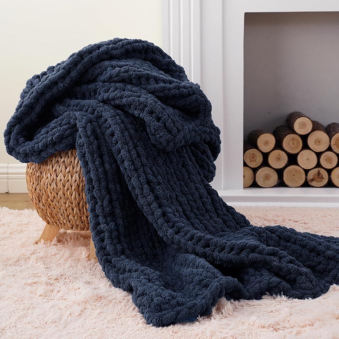 Battilo Navy Chunky Knit Throw Blanket, Soft and Thick Navy Blue Chenille Throw - Image 3