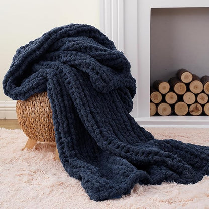 Battilo Navy Chunky Knit Throw Blanket, Soft and Thick Navy Blue Chenille Throw - Image 3