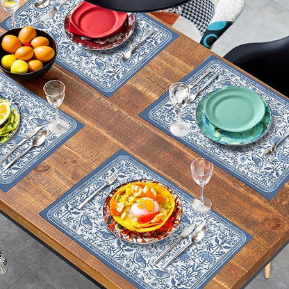 Blue Floral Boho Placemats Set of 4, 12x18 Inch Vintage Chinoiserie Block Print - Image 7