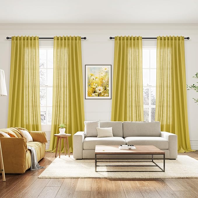 Celery Yellow Textured Linen Blend Drapes 96 Inch Long 2 Panels Set Back Tab - Image 7