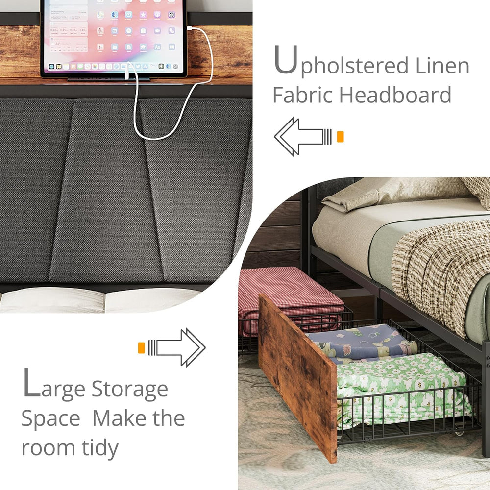LIKIMIO King Size Bed Frame with 4 Storage Drawers and Charged Headboard