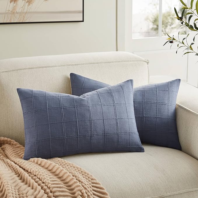 ZeeMart Linen Checked Lumbar Throw Pillow Covers Set of 2, 12x20 Inch Blue/Cream by ZEEMARTONLINE