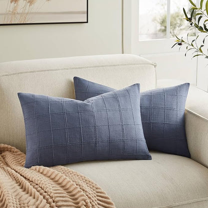 ZeeMart Linen Checked Lumbar Throw Pillow Covers Set of 2, 12x20 Inch Blue/Cream by ZEEMARTONLINE