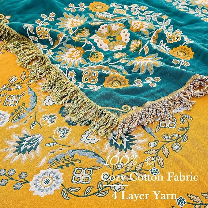 Boho Throw Blanket, 100% Cotton Ultra Soft Luxury Throw Rustic Quilt, Floral - Image 3