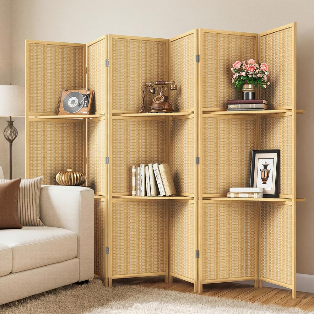 JOSTYLE Bamboo Room Divider with Shelves, 6-Panel Privacy Screen