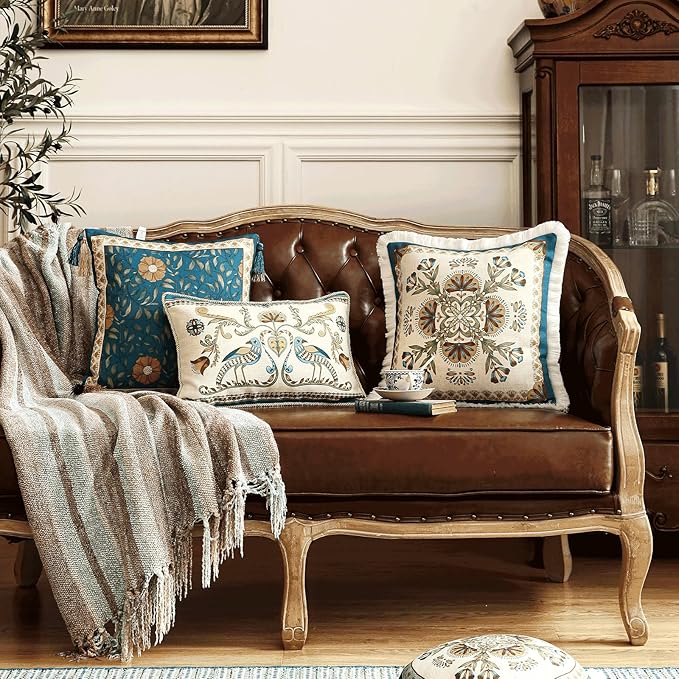 patdrea Designer Square Throw Pillow Covers, French Vintage Blue Farmhouse - Image 3