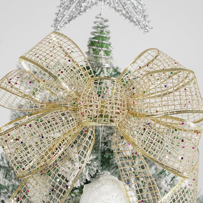 MEEDEE Champagne Gold Glitter Christmas Ribbon 2.5 Inch Square Mesh Net Wired - Image 6