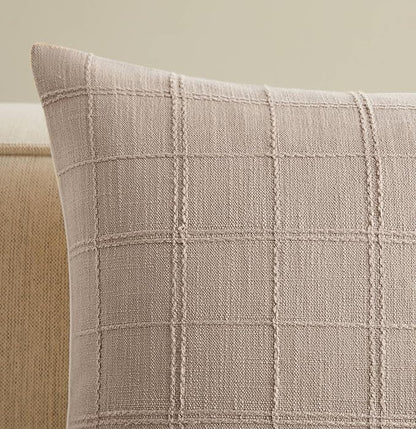 ZeeMart Linen Checked Throw Pillow Covers Set of 2, 22x22 Inch Taupe/Cream - Image 2