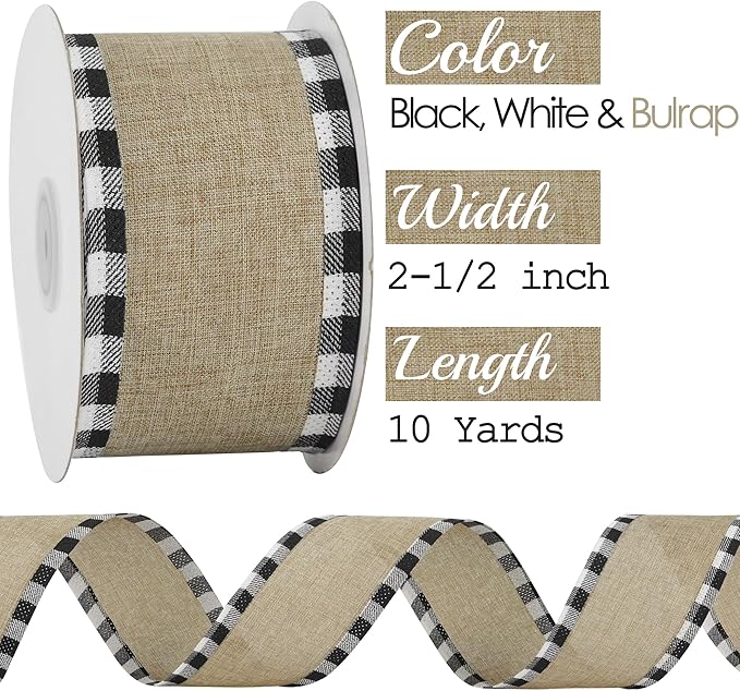 MEEDEE Burlap Christmas Ribbon Wired 2.5 Inch Plaid - Image 2